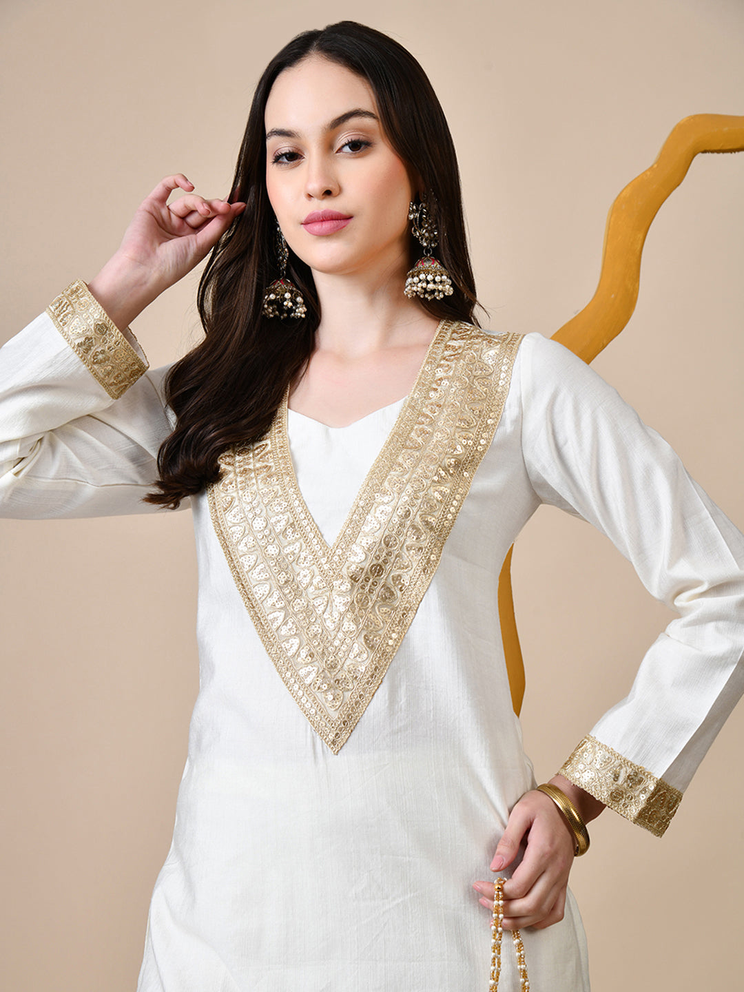 Myshka White Silk Blend Straight Round Neck Long Sleeves Kurta Trousers Set - Distacart