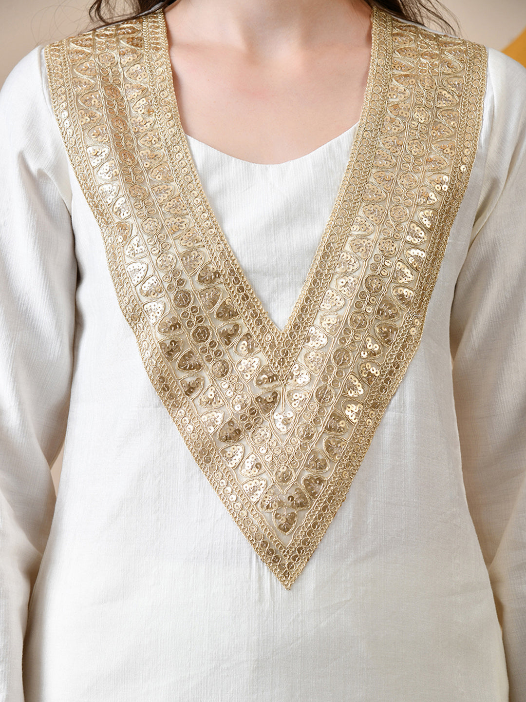 Myshka White Silk Blend Straight Round Neck Long Sleeves Kurta Trousers Set - Distacart