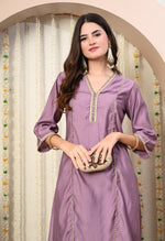 Thumbnail for Myshka Lavender Silk Blend Straight Round Neck Three-Quarter Sleeves Kurta Trousers Set - Distacart