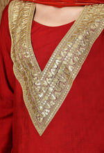 Thumbnail for Myshka Red Silk Blend Straight Round Neck Long Sleeves Kurta Trousers With Dupatta - Distacart
