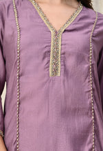 Thumbnail for Myshka Lavender Silk Blend Straight Round Neck Three-Quarter Sleeves Kurta Trousers Set - Distacart