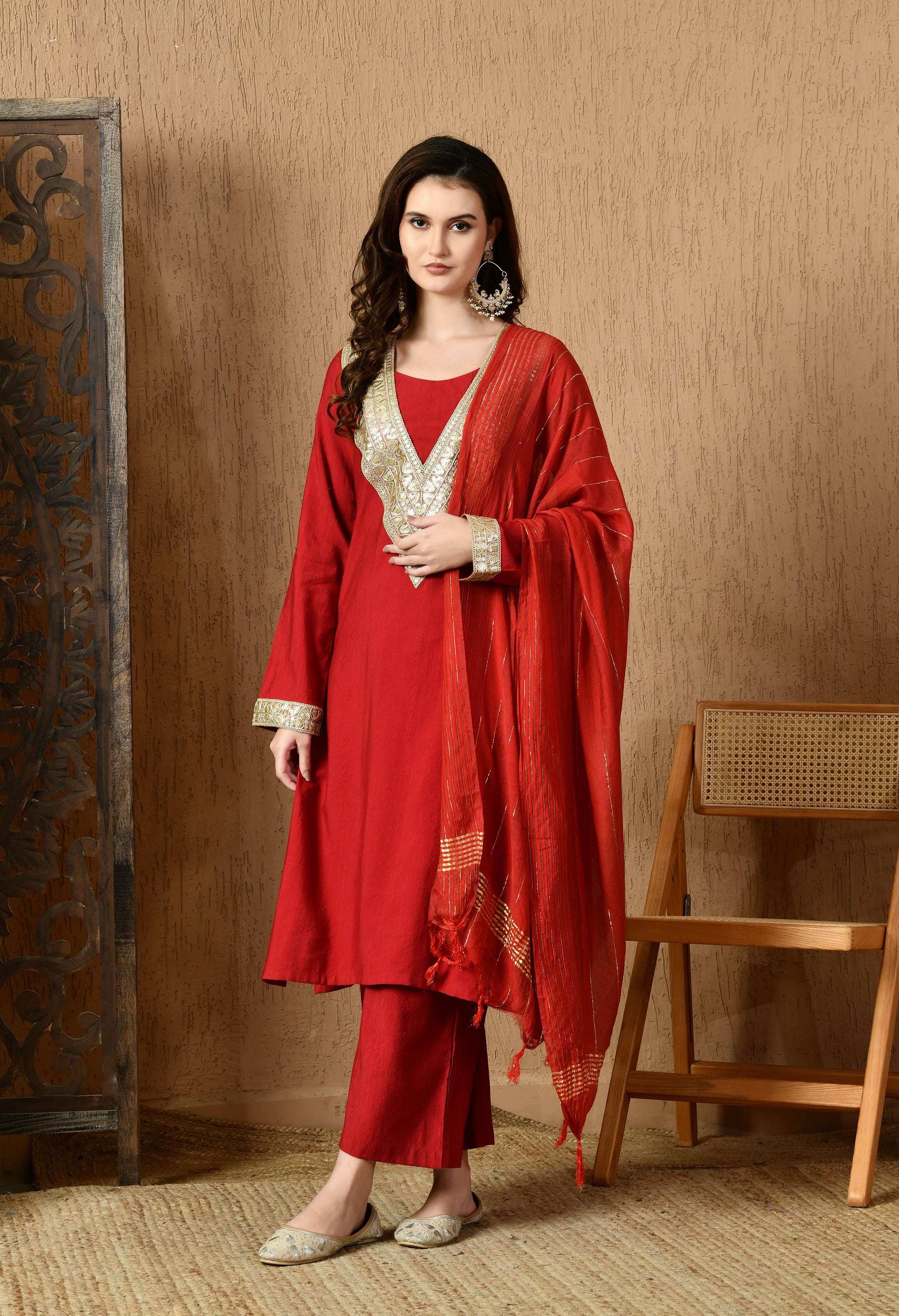 Myshka Red Silk Blend Straight Round Neck Long Sleeves Kurta Trousers With Dupatta - Distacart
