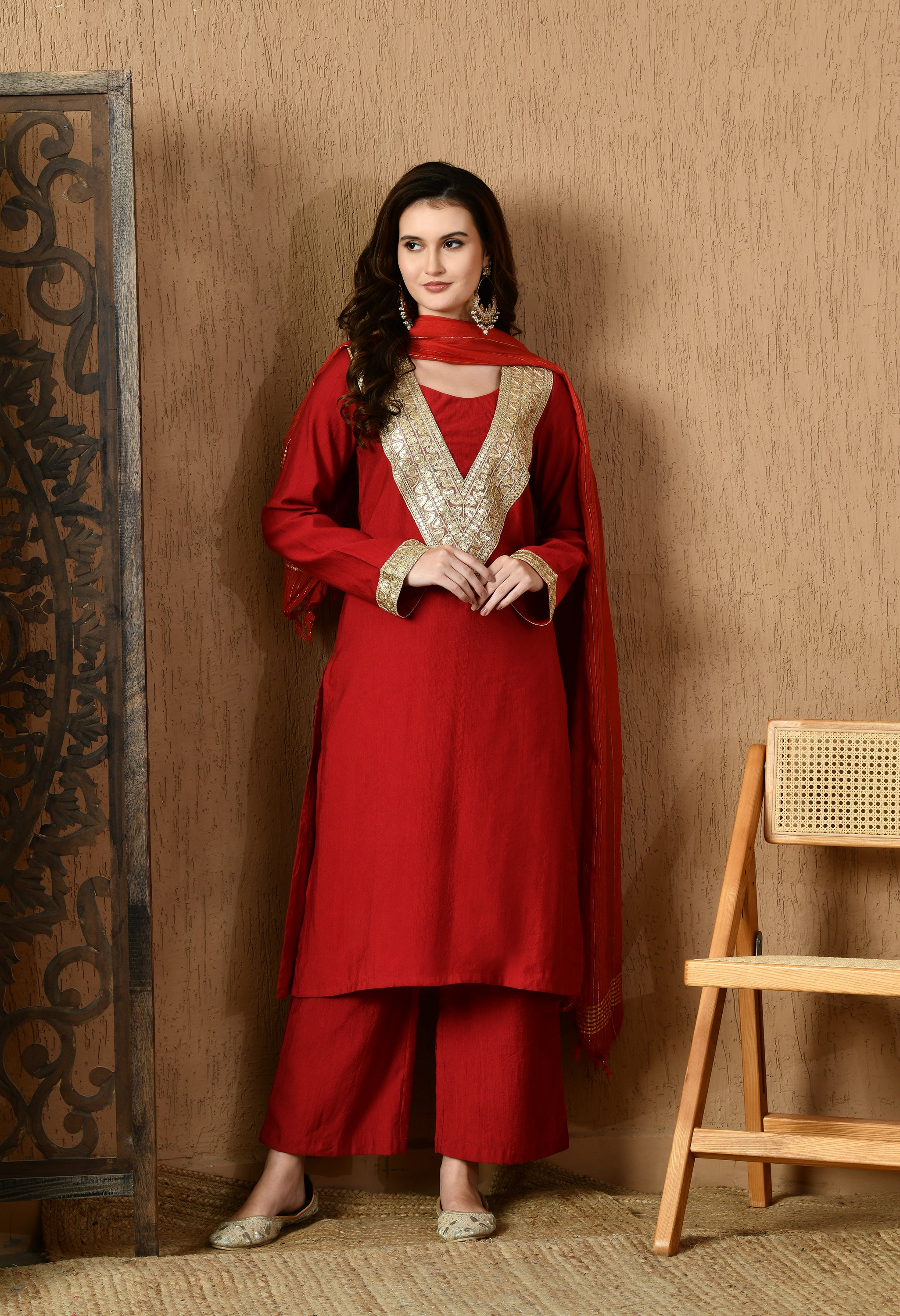 Myshka Red Silk Blend Straight Round Neck Long Sleeves Kurta Trousers With Dupatta - Distacart