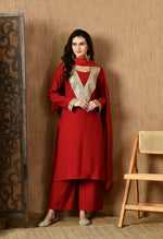 Thumbnail for Myshka Red Silk Blend Straight Round Neck Long Sleeves Kurta Trousers With Dupatta - Distacart