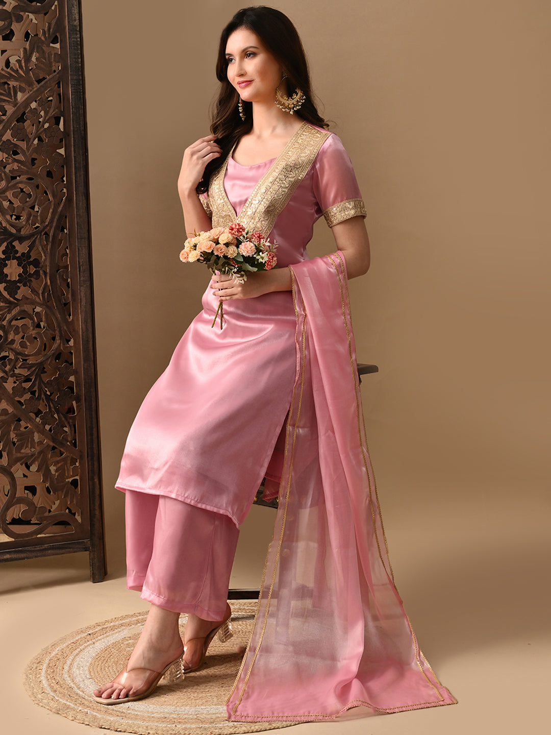 Myshka Pink Silk Blend Straight Round Neck Short Sleeves Kurta Trousers With Dupatta - Distacart