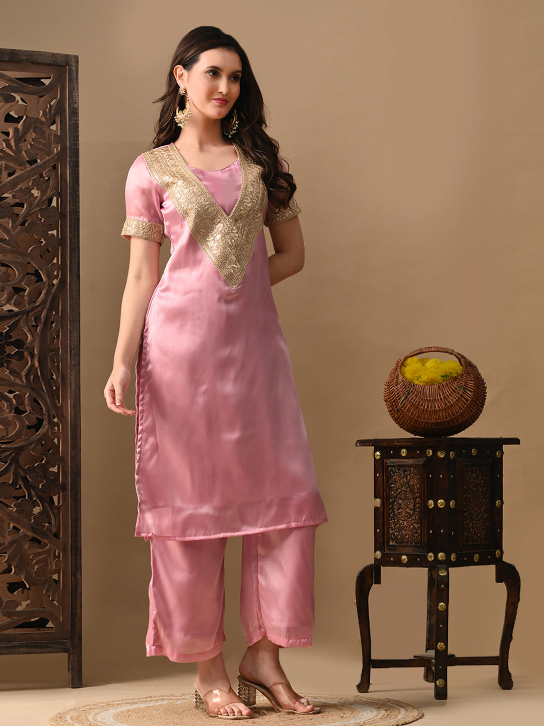 Myshka Pink Silk Blend Straight Round Neck Short Sleeves Kurta Trousers With Dupatta - Distacart