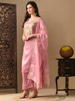 Thumbnail for Myshka Pink Silk Blend Straight Round Neck Short Sleeves Kurta Trousers With Dupatta - Distacart