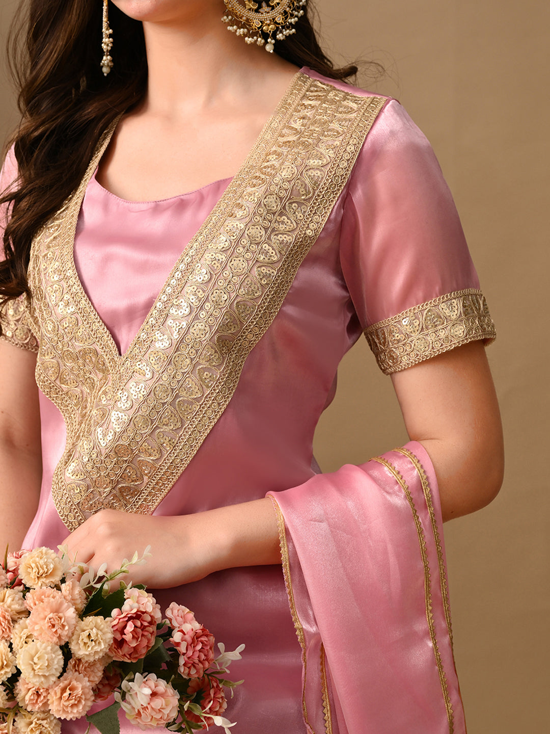 Myshka Pink Silk Blend Straight Round Neck Short Sleeves Kurta Trousers With Dupatta - Distacart