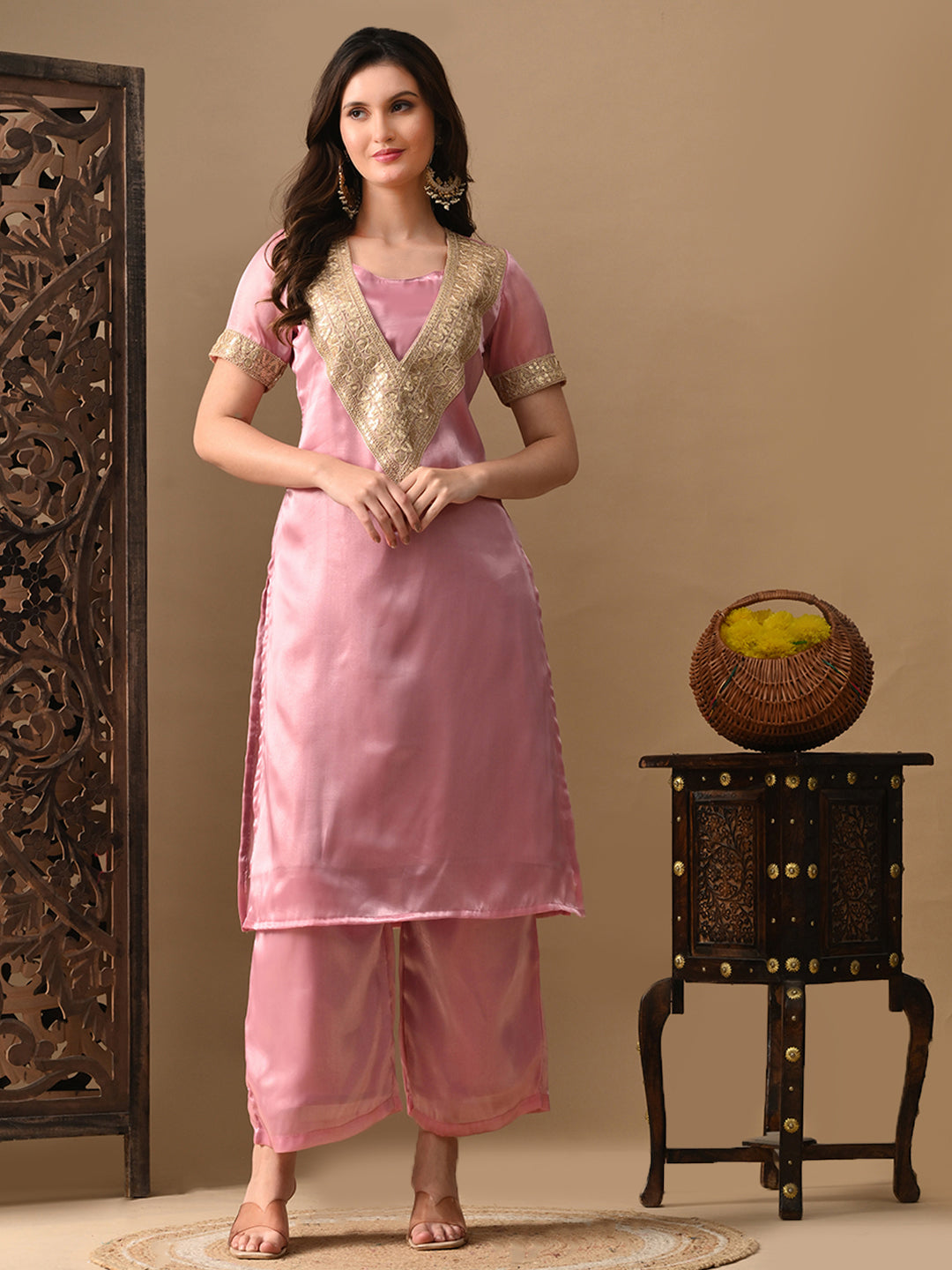 Myshka Pink Silk Blend Straight Round Neck Short Sleeves Kurta Trousers With Dupatta - Distacart
