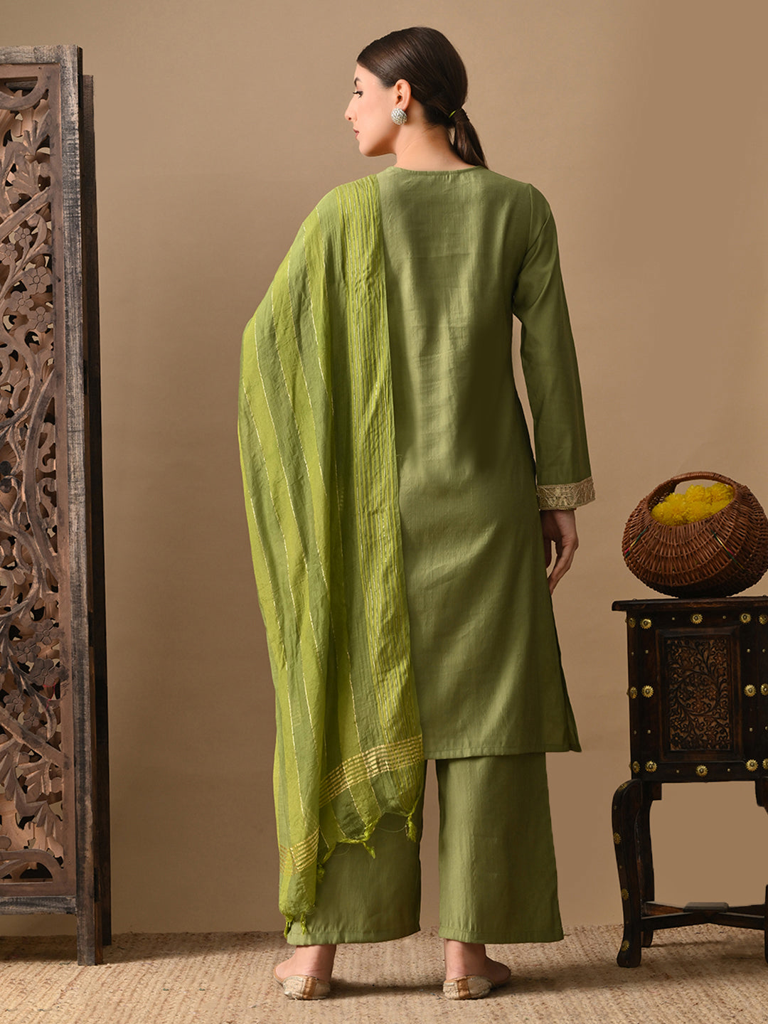 Myshka Green Silk Blend Straight Round Neck Long Sleeves Kurta Trousers With Dupatta - Distacart