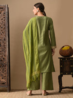 Thumbnail for Myshka Green Silk Blend Straight Round Neck Long Sleeves Kurta Trousers With Dupatta - Distacart