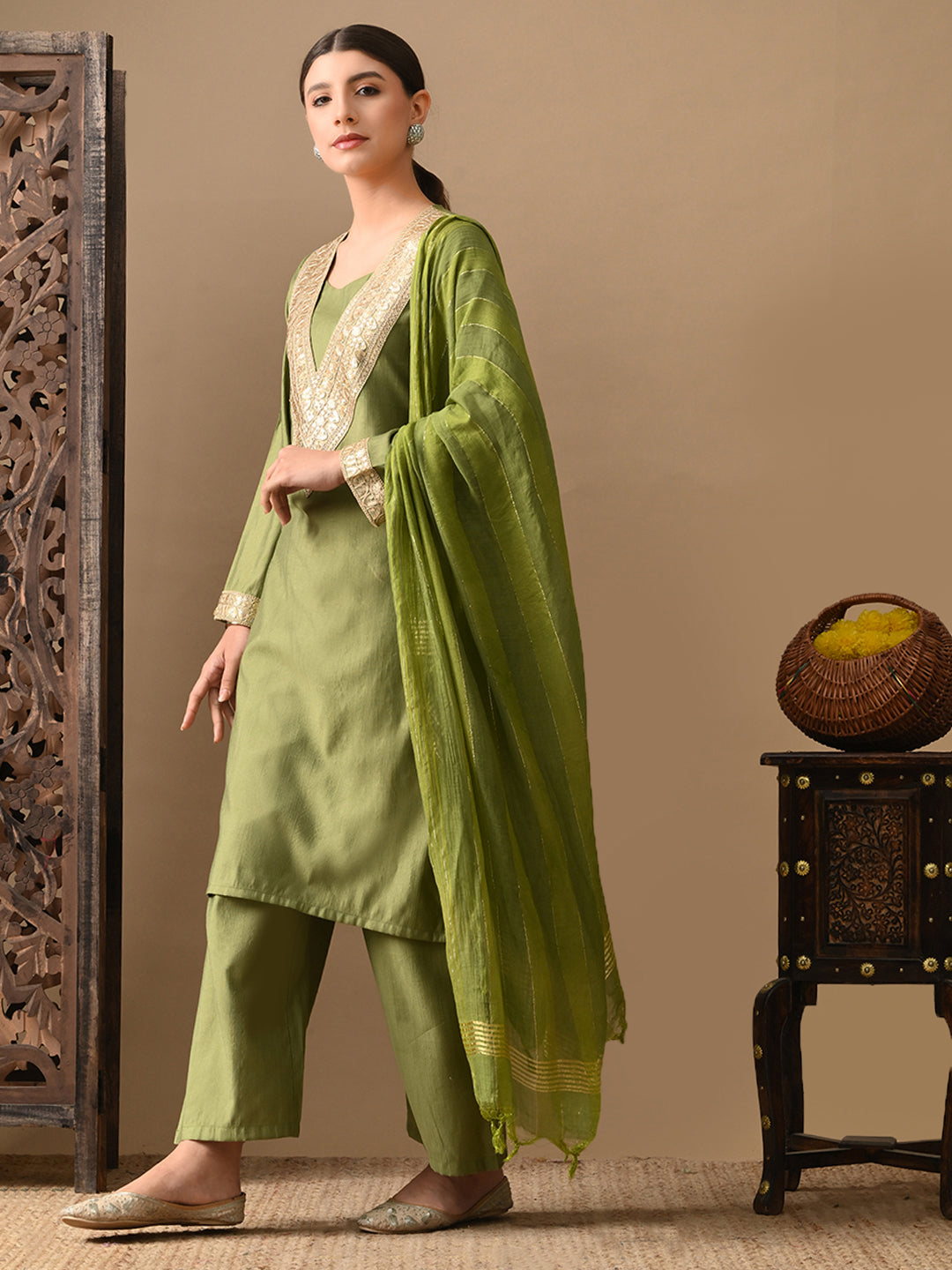 Myshka Green Silk Blend Straight Round Neck Long Sleeves Kurta Trousers With Dupatta - Distacart