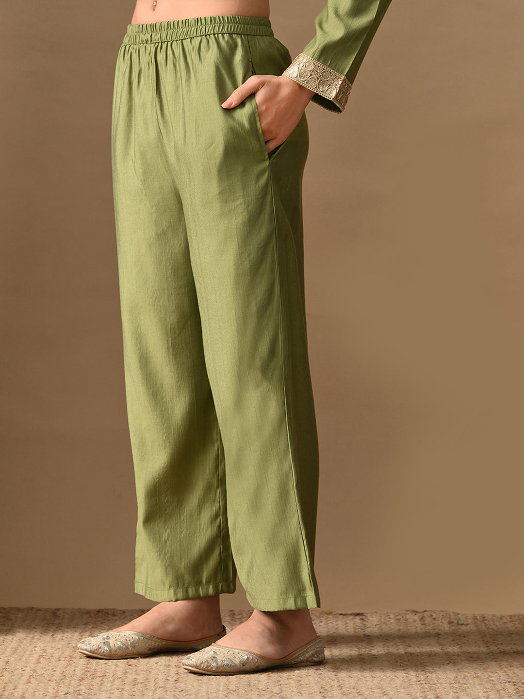 Myshka Green Silk Blend Straight Round Neck Long Sleeves Kurta Trousers With Dupatta - Distacart