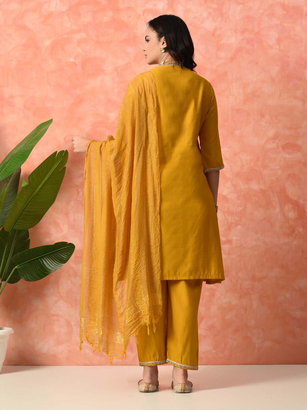 Myshka Musturd Silk Blend Straight V-Neck Three-Quarter Sleeves Kurta Trousers With Dupatta - Distacart