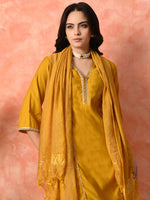 Thumbnail for Myshka Musturd Silk Blend Straight V-Neck Three-Quarter Sleeves Kurta Trousers With Dupatta - Distacart
