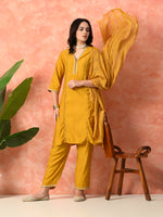 Thumbnail for Myshka Musturd Silk Blend Straight V-Neck Three-Quarter Sleeves Kurta Trousers With Dupatta - Distacart