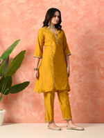Thumbnail for Myshka Musturd Silk Blend Straight V-Neck Three-Quarter Sleeves Kurta Trousers With Dupatta - Distacart