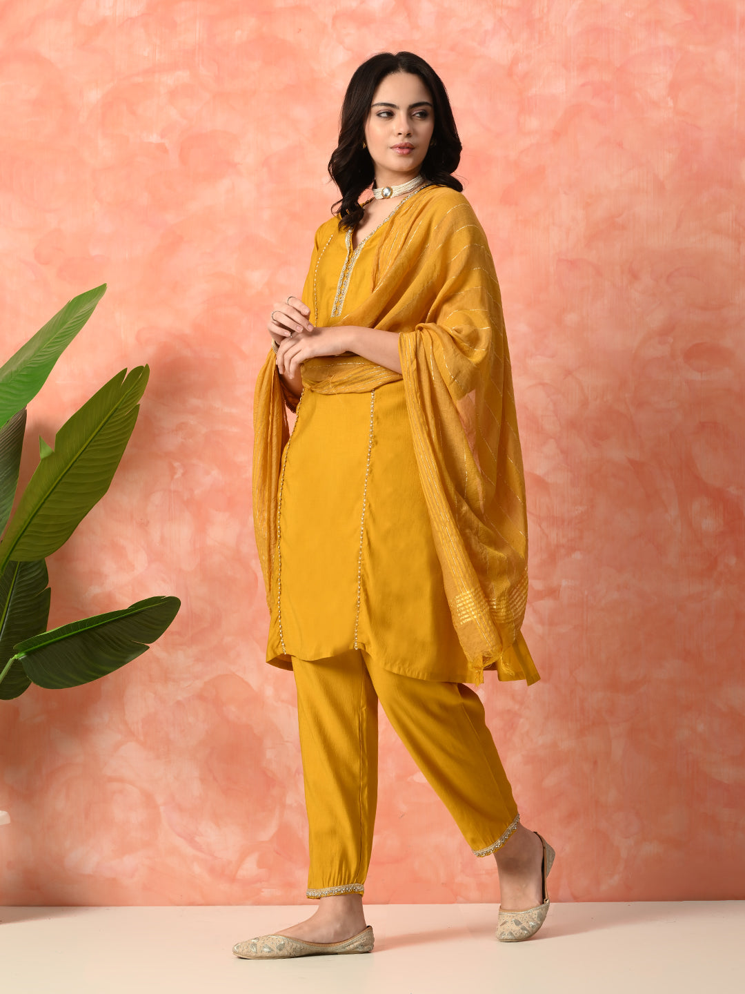 Myshka Musturd Silk Blend Straight V-Neck Three-Quarter Sleeves Kurta Trousers With Dupatta - Distacart