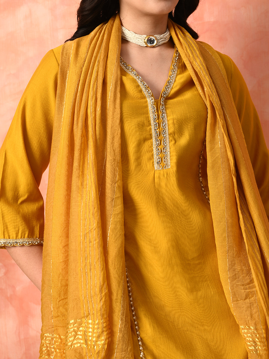 Myshka Musturd Silk Blend Straight V-Neck Three-Quarter Sleeves Kurta Trousers With Dupatta - Distacart