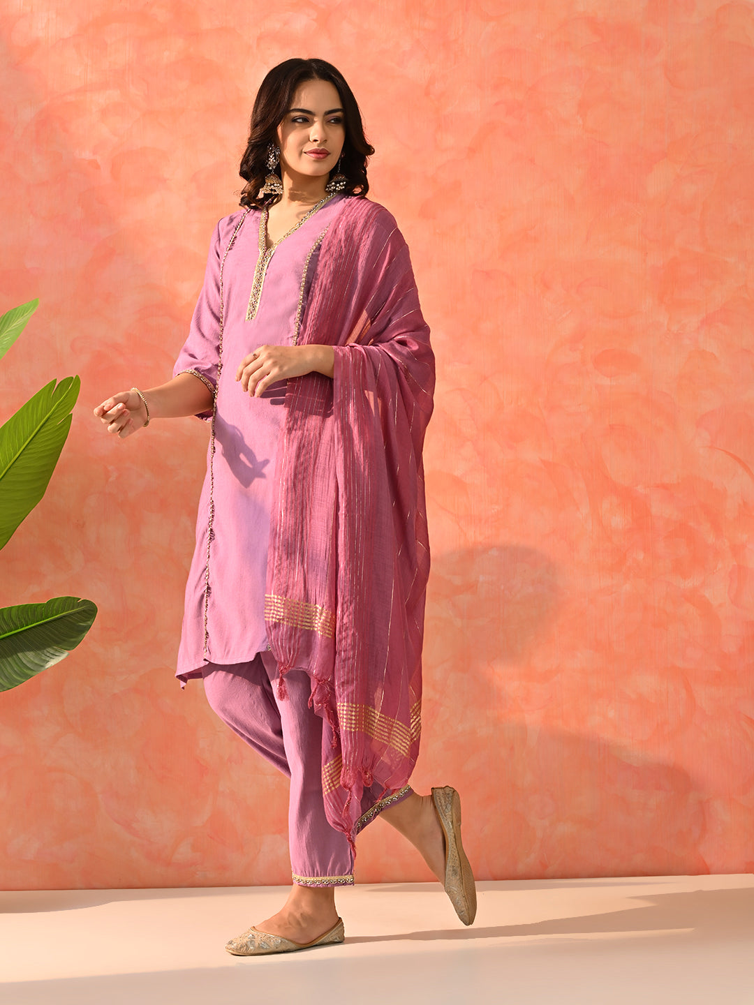 Myshka Lavender Silk Blend Straight V-Neck Three-Quarter Sleeves Kurta Trousers With Dupatta - Distacart