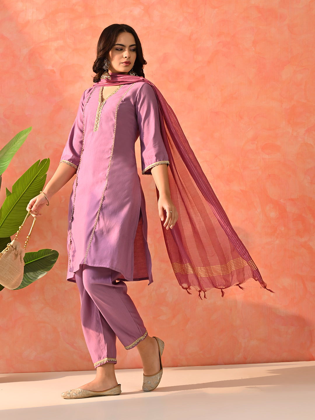 Myshka Lavender Silk Blend Straight V-Neck Three-Quarter Sleeves Kurta Trousers With Dupatta - Distacart