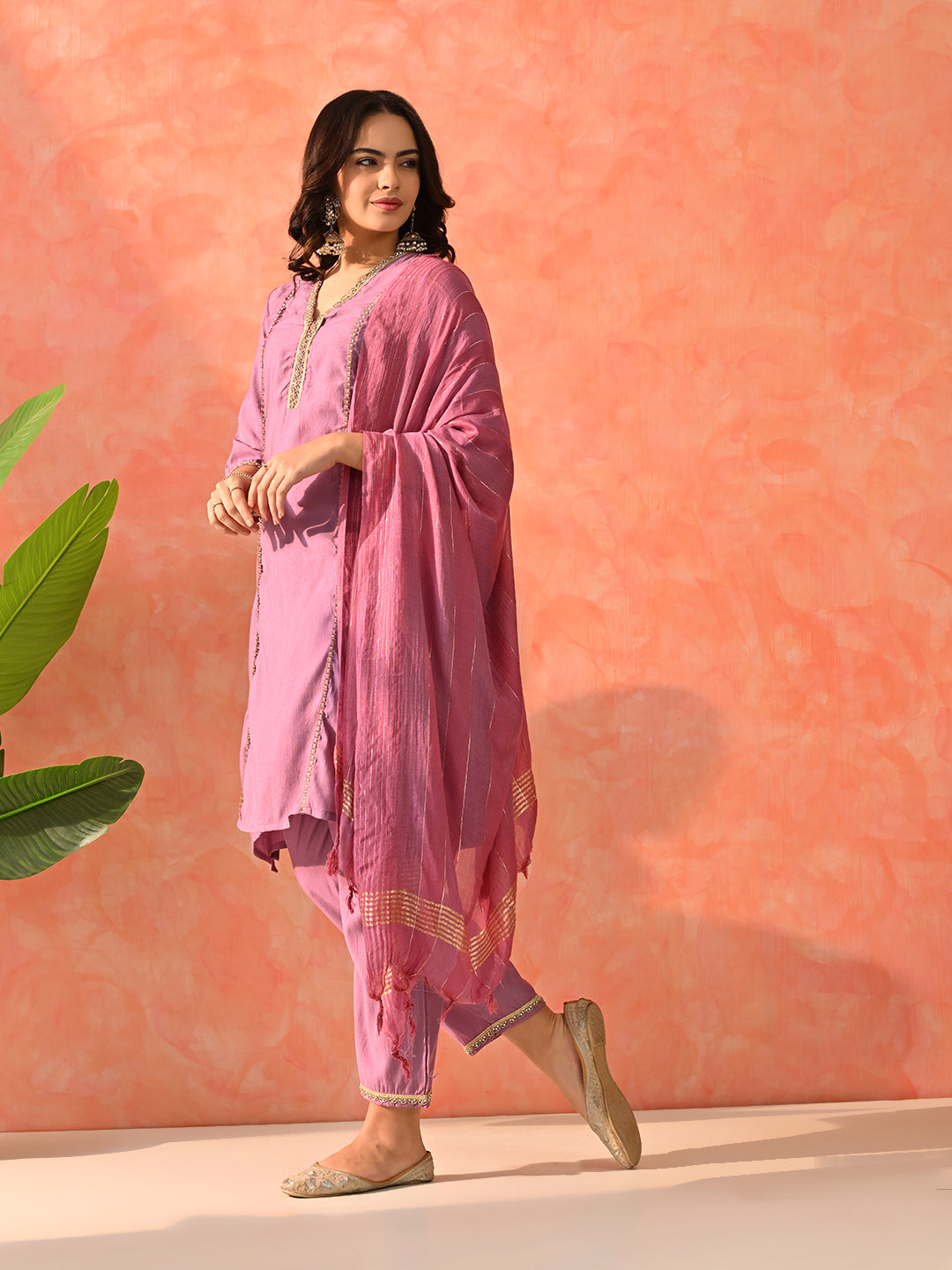 Myshka Lavender Silk Blend Straight V-Neck Three-Quarter Sleeves Kurta Trousers With Dupatta - Distacart