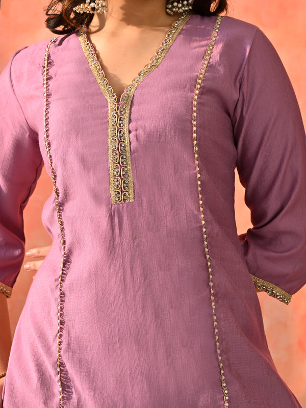 Myshka Lavender Silk Blend Straight V-Neck Three-Quarter Sleeves Kurta Trousers With Dupatta - Distacart