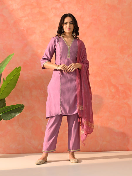 Myshka Lavender Silk Blend Straight V-Neck Three-Quarter Sleeves Kurta Trousers With Dupatta - Distacart