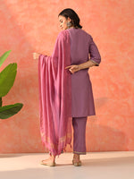 Thumbnail for Myshka Lavender Silk Blend Straight V-Neck Three-Quarter Sleeves Kurta Trousers With Dupatta - Distacart