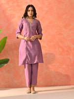 Thumbnail for Myshka Lavender Silk Blend Straight V-Neck Three-Quarter Sleeves Kurta Trousers With Dupatta - Distacart