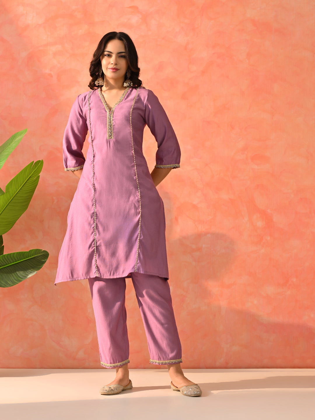 Myshka Lavender Silk Blend Straight V-Neck Three-Quarter Sleeves Kurta Trousers With Dupatta - Distacart