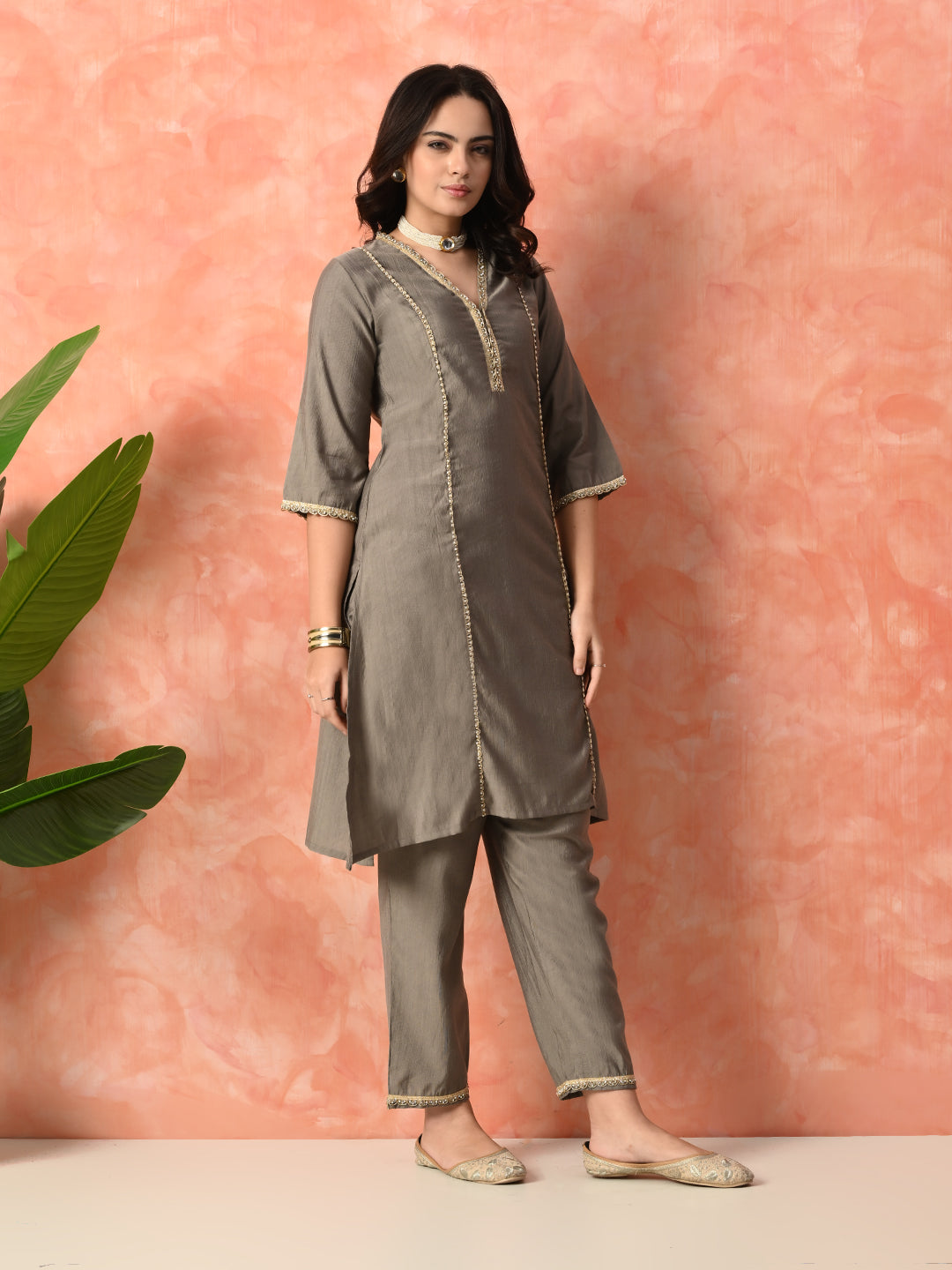 Myshka Gray Silk Blend Straight V-Neck Three-Quarter Sleeves Kurta Trousers With Dupatta - Distacart