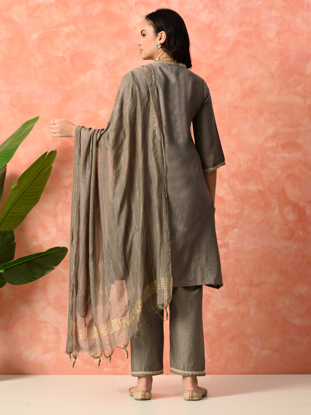 Myshka Gray Silk Blend Straight V-Neck Three-Quarter Sleeves Kurta Trousers With Dupatta - Distacart