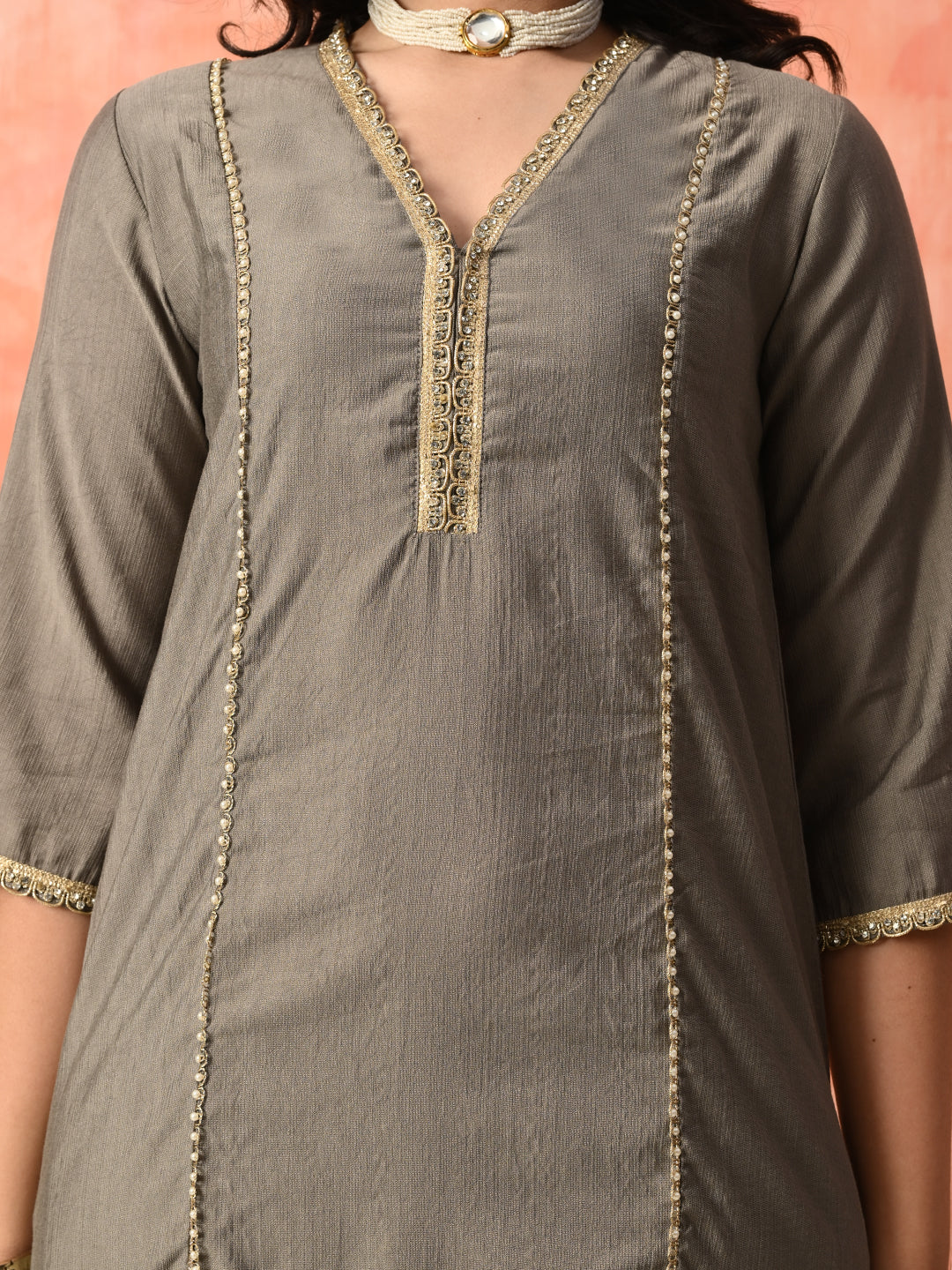Myshka Gray Silk Blend Straight V-Neck Three-Quarter Sleeves Kurta Trousers With Dupatta - Distacart