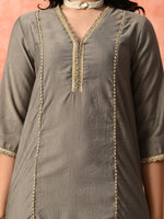 Thumbnail for Myshka Gray Silk Blend Straight V-Neck Three-Quarter Sleeves Kurta Trousers With Dupatta - Distacart