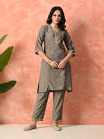Thumbnail for Myshka Gray Silk Blend Straight V-Neck Three-Quarter Sleeves Kurta Trousers With Dupatta - Distacart
