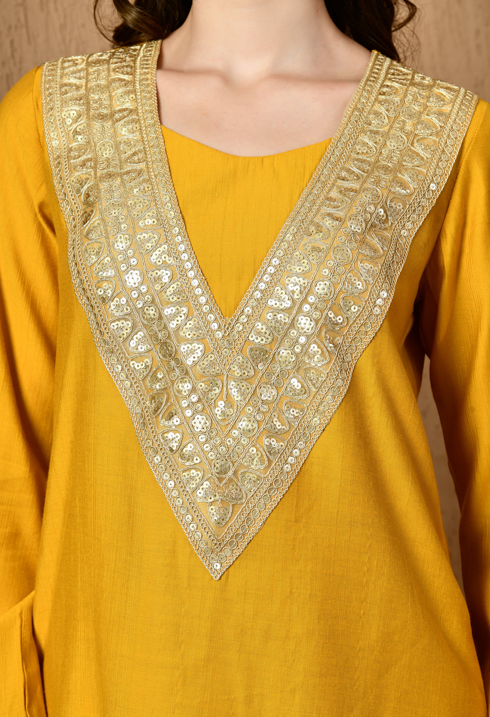 Myshka Musturd Silk Blend Straight Round Neck Long Sleeves Kurta Trousers With Dupatta - Distacart