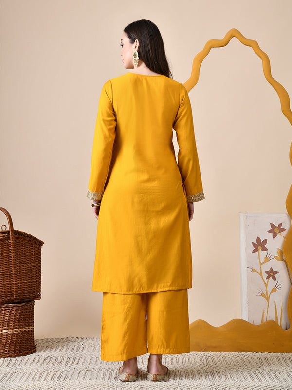 Myshka Musturd Silk Blend Straight Round Neck Long Sleeves Kurta Trousers Set - Distacart