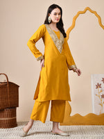 Thumbnail for Myshka Musturd Silk Blend Straight Round Neck Long Sleeves Kurta Trousers Set - Distacart