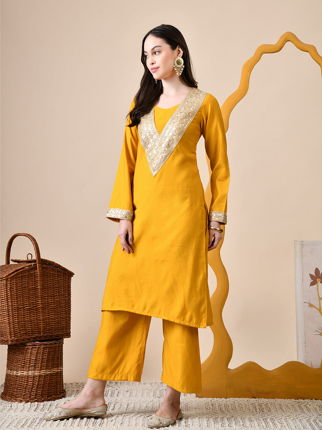 Myshka Musturd Silk Blend Straight Round Neck Long Sleeves Kurta Trousers Set - Distacart