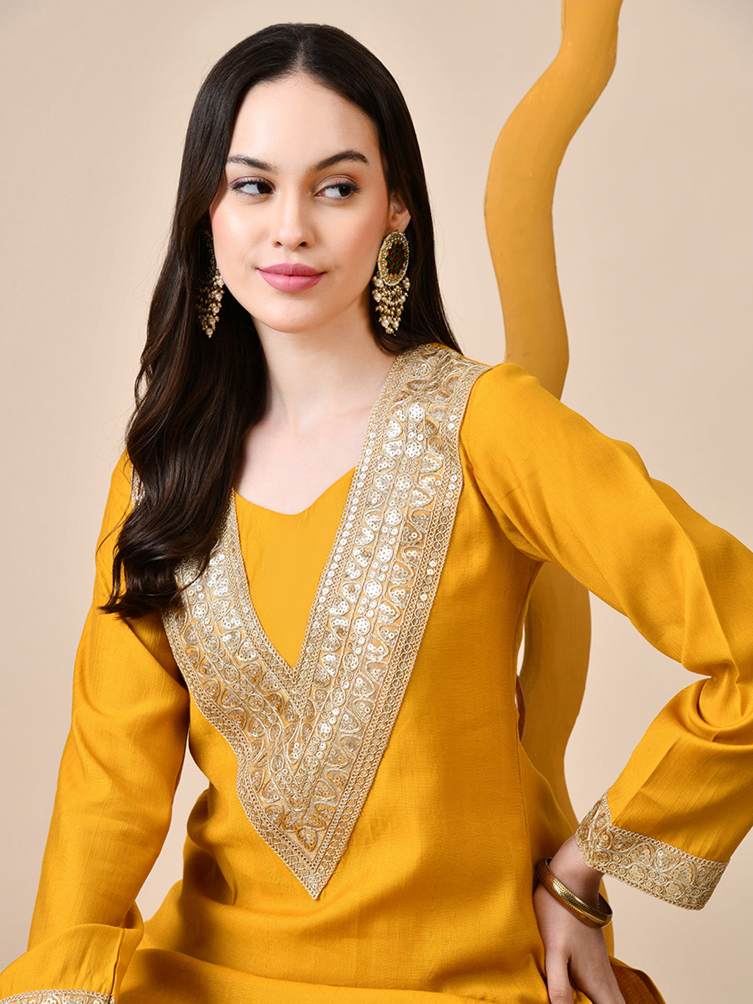 Myshka Musturd Silk Blend Straight Round Neck Long Sleeves Kurta Trousers Set - Distacart