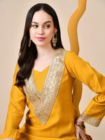 Thumbnail for Myshka Musturd Silk Blend Straight Round Neck Long Sleeves Kurta Trousers Set - Distacart