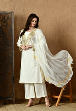 Thumbnail for Myshka White Silk Blend Straight Round Neck Long Sleeves Kurta Trousers With Dupatta - Distacart