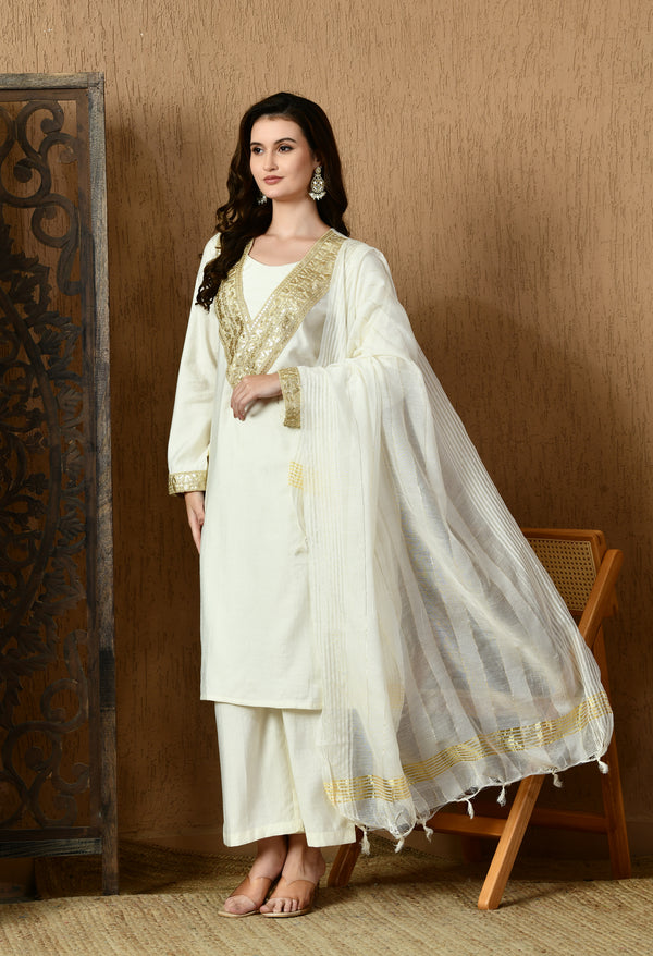 Myshka White Silk Blend Straight Round Neck Long Sleeves Kurta Trousers With Dupatta - Distacart