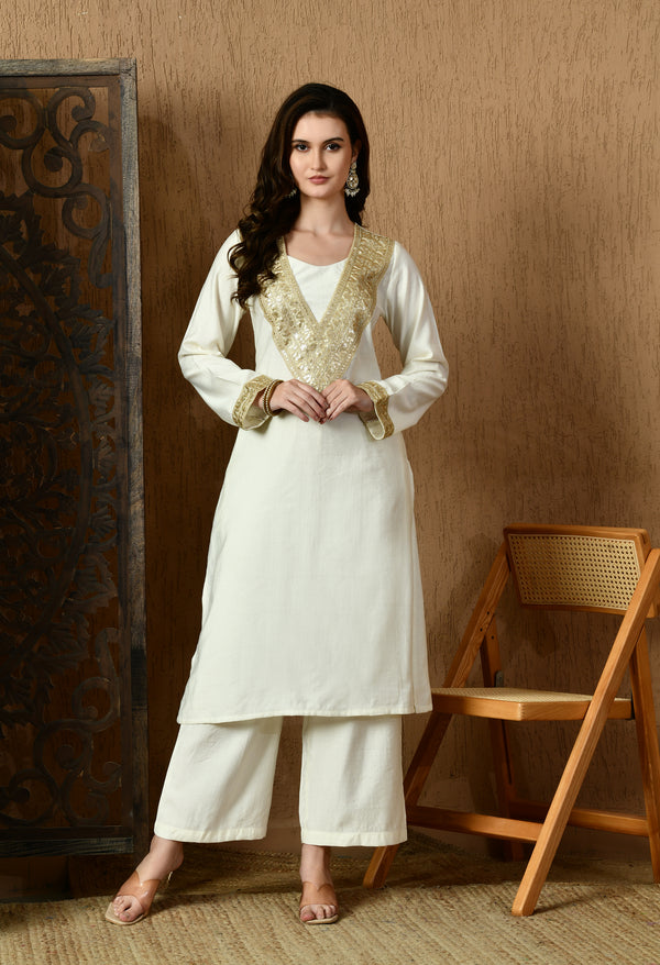 Myshka White Silk Blend Straight Round Neck Long Sleeves Kurta Trousers With Dupatta - Distacart