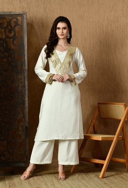 Myshka White Silk Blend Straight Round Neck Long Sleeves Kurta Trousers With Dupatta - Distacart