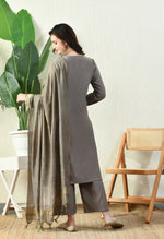 Thumbnail for Myshka Gray Silk Blend Straight Round Neck Long Sleeves Kurta Trousers With Dupatta - Distacart