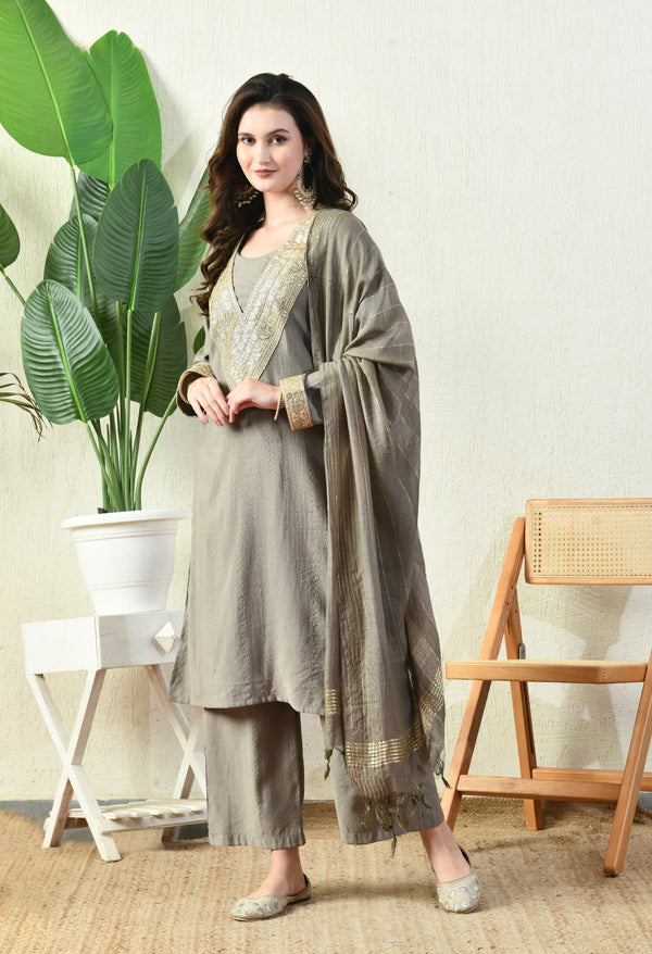 Myshka Gray Silk Blend Straight Round Neck Long Sleeves Kurta Trousers With Dupatta - Distacart