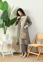 Thumbnail for Myshka Gray Silk Blend Straight Round Neck Long Sleeves Kurta Trousers With Dupatta - Distacart