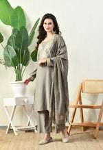 Thumbnail for Myshka Gray Silk Blend Straight Round Neck Long Sleeves Kurta Trousers With Dupatta - Distacart